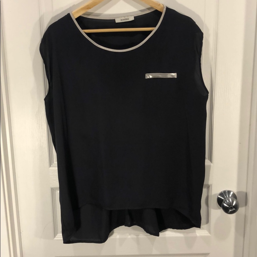 Grey, sleeveless blouse with silver accents